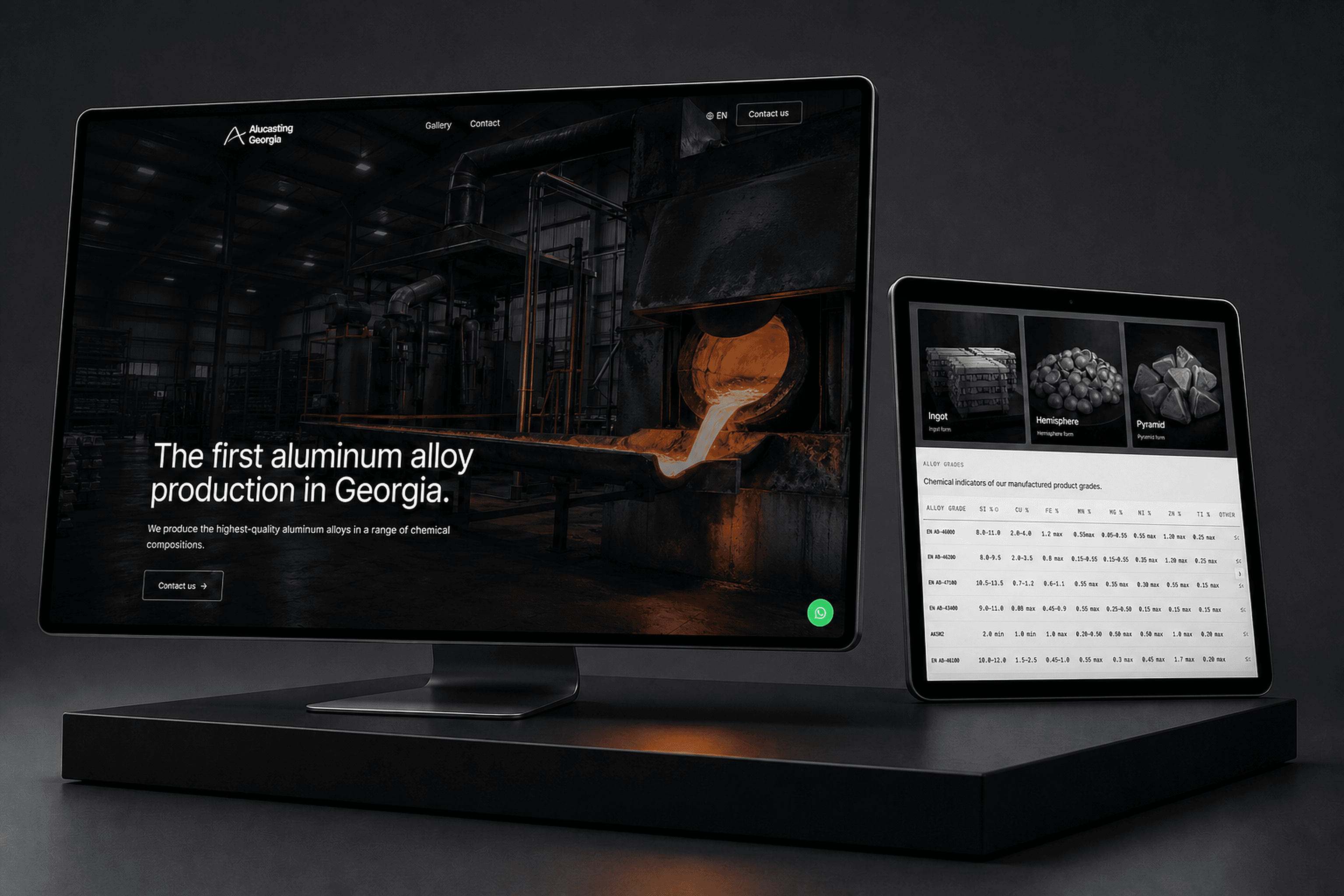 The Alucasting Georgia landing page and alloy products on two studio displays