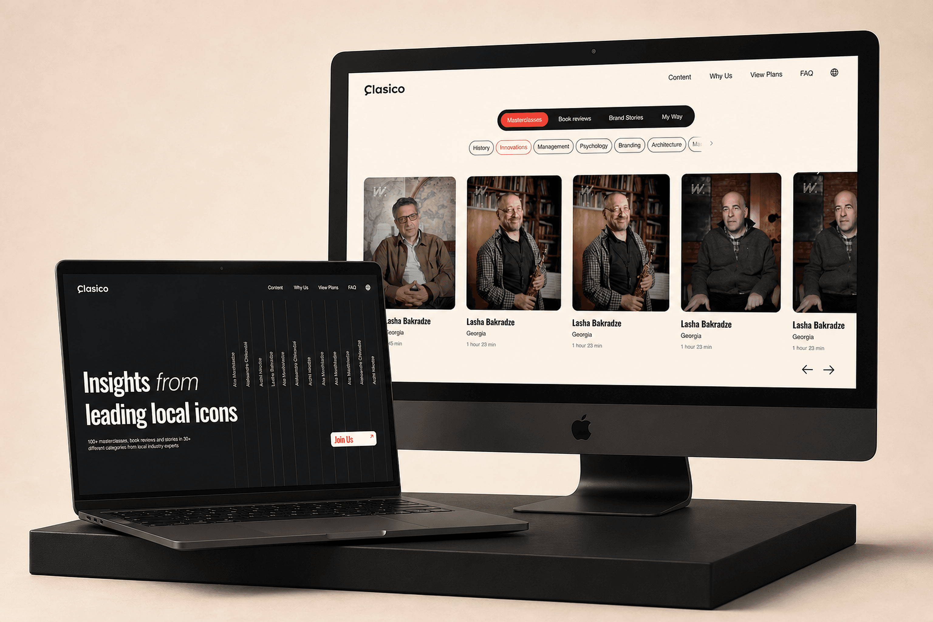 The Clasico.io landing page and mobile app on an all-in-one desktop and phone