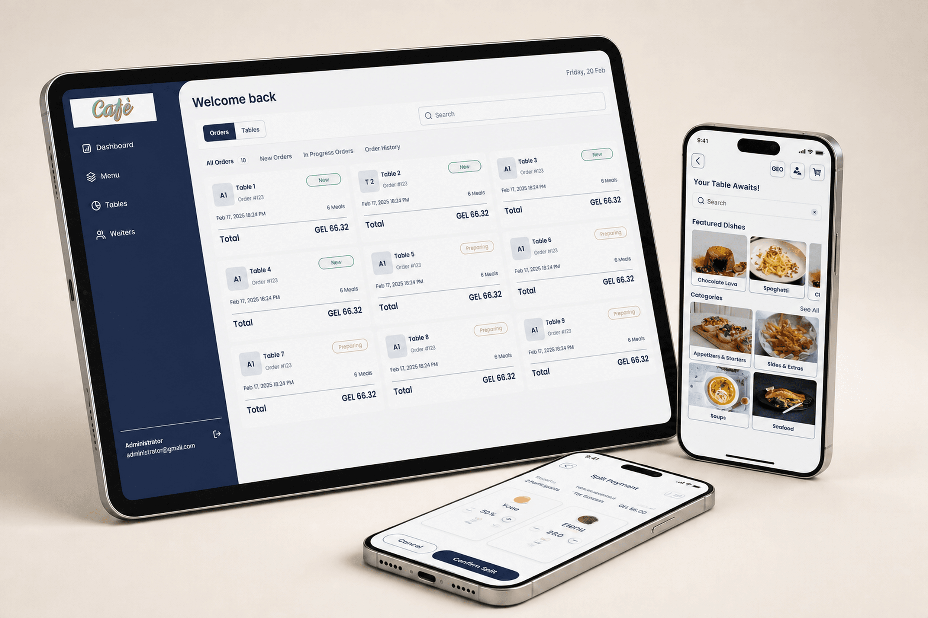 Mensa restaurant dashboard and guest payment flow across a tablet and phones